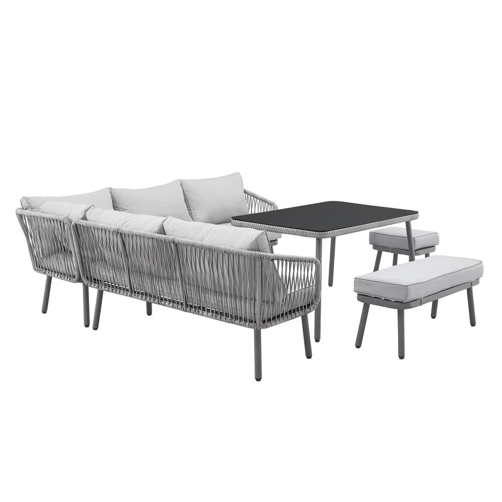 Inspired Home Taiden Outdoor 5pc Seating Group Set: 2 Sofas,1 Bench, 1 Stool, 1 Table,Washable Cushions ,UV Resistant,Light Grey