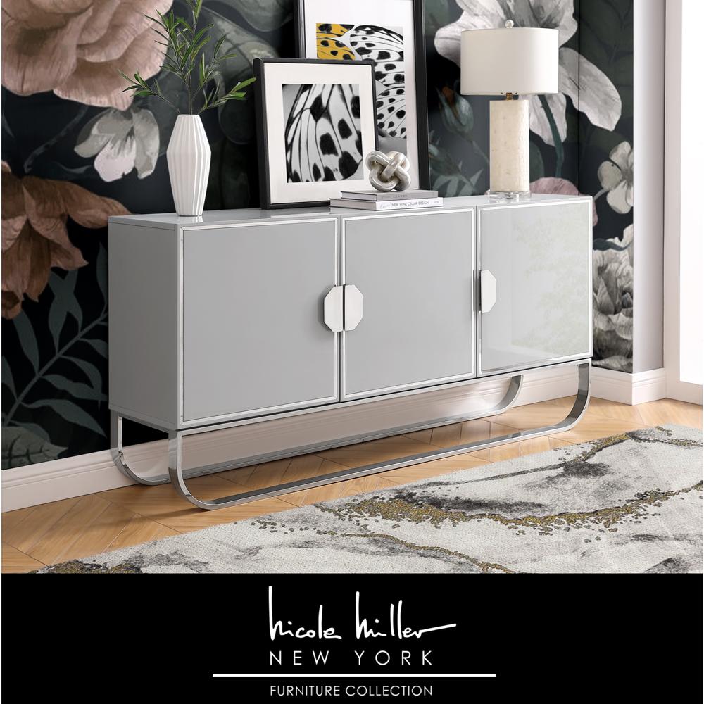 Nicole Miller Lilyanne Sideboard 3-Door High Gloss Finish Gold/Chrome Handles and Rounded Frame