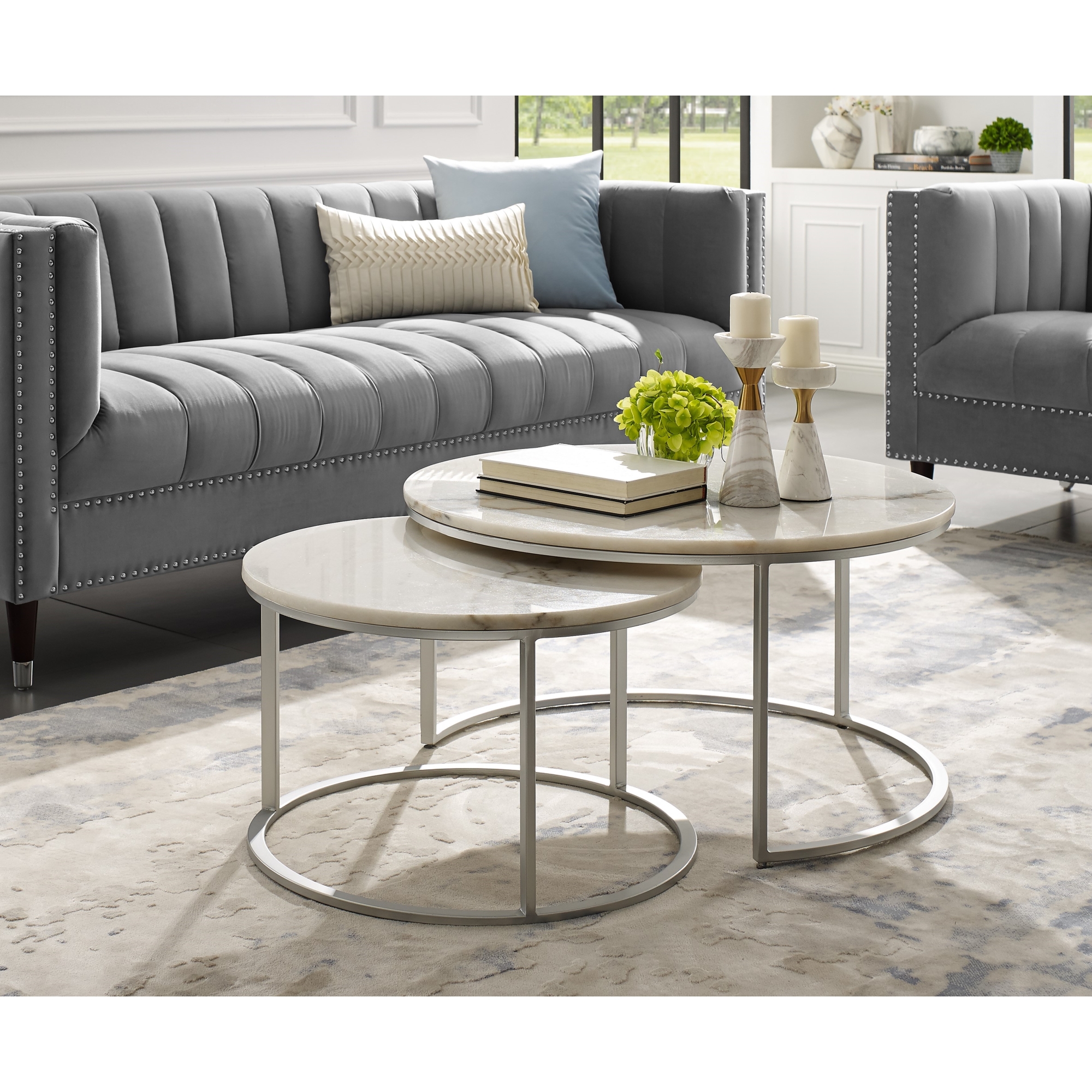 Inspired Home Marley Round Marble Top, Nesting Coffee Table Round Marble