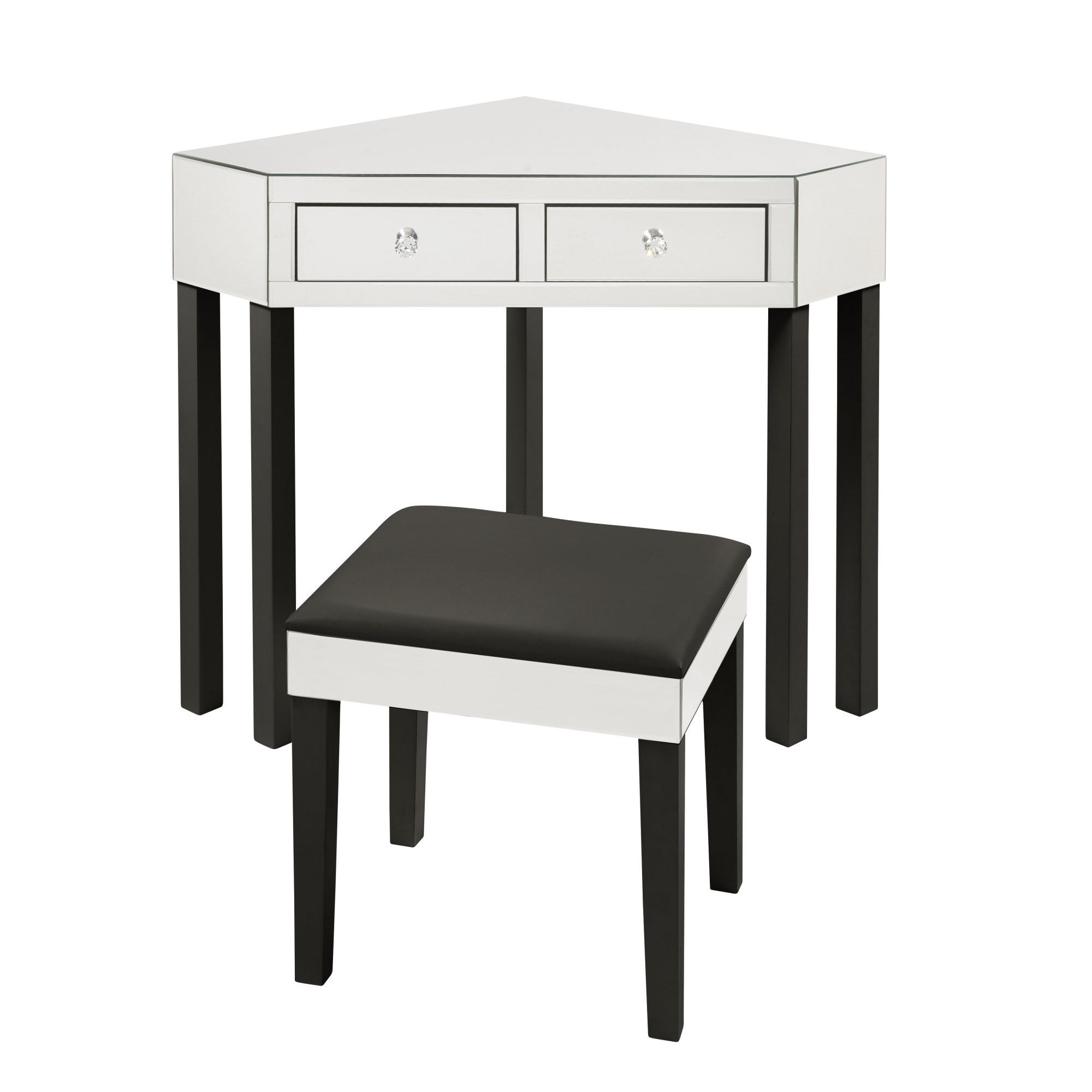 Inspired Home  Corner Mirrored Vanity Table with Stool Set 2 Drawers