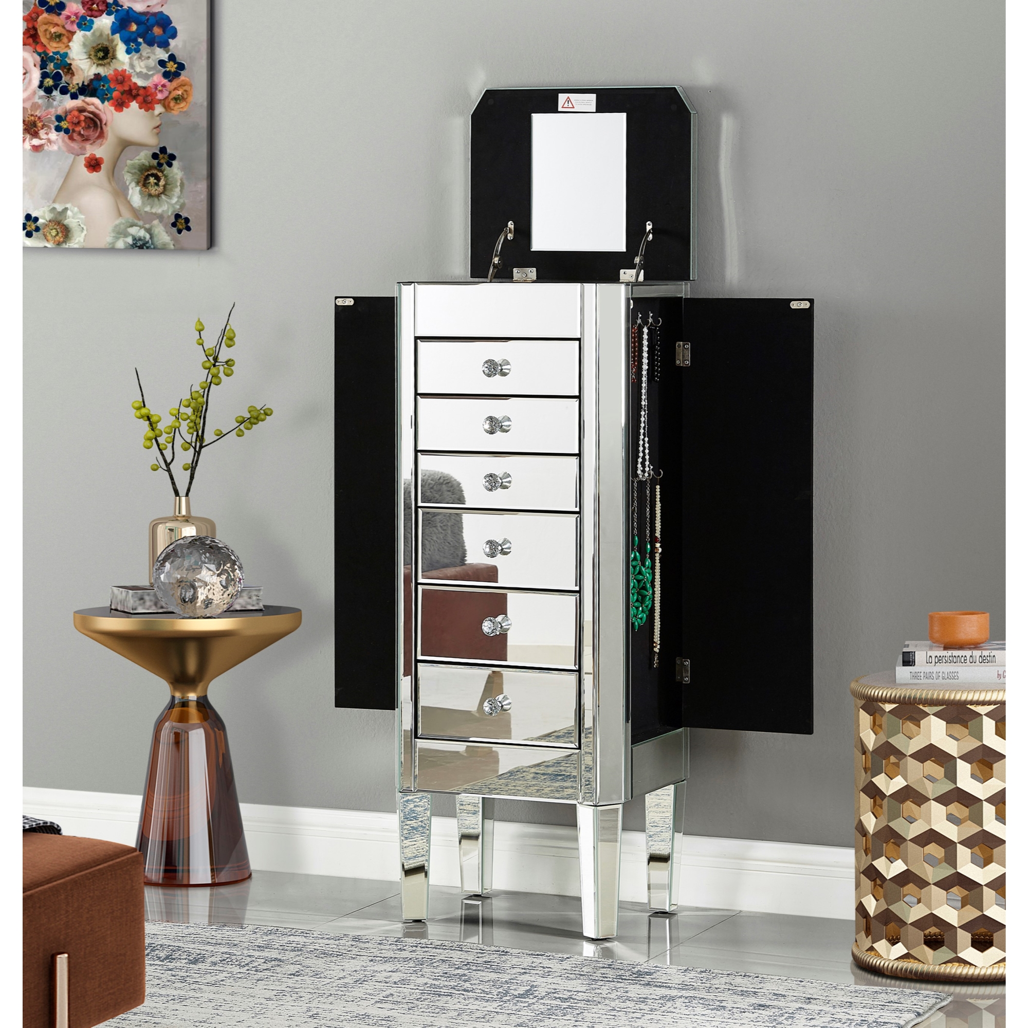 Inspired Home Aniyah Jewelry Armoire Mirrored 6 Drawers Lift Up Top Aniyah Jewelry Armoire Mirrored, Stand Up Mirror Jewelry Armoire