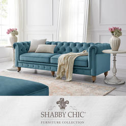 Shabby Chic Macey Chesterfield Sofa Button Tufted Rolled Arm, Sinuous Springs Round Bun Leg with Caster