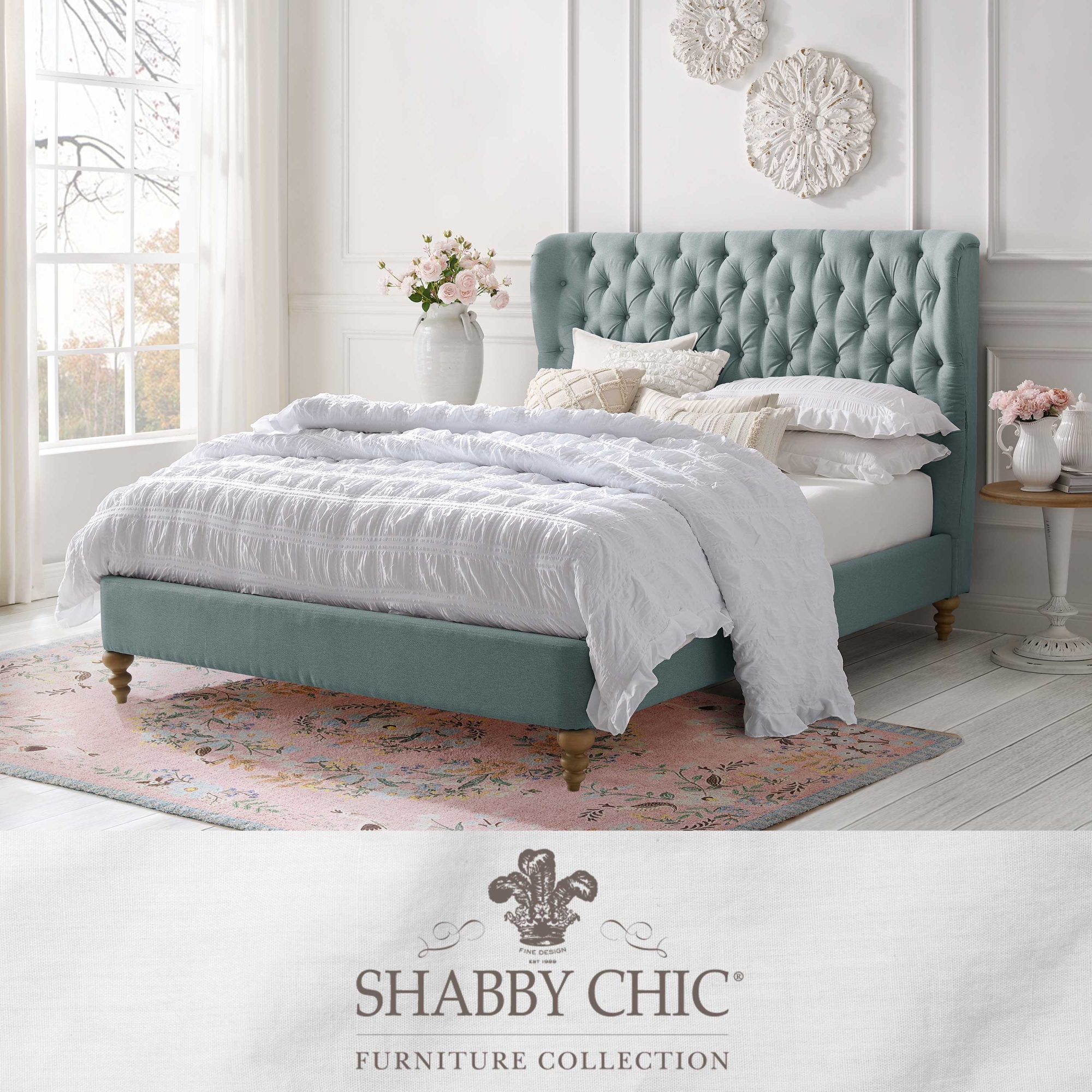 Shabby Chic Kashton Bed Button Tufted Headboard Wingback Slats Included