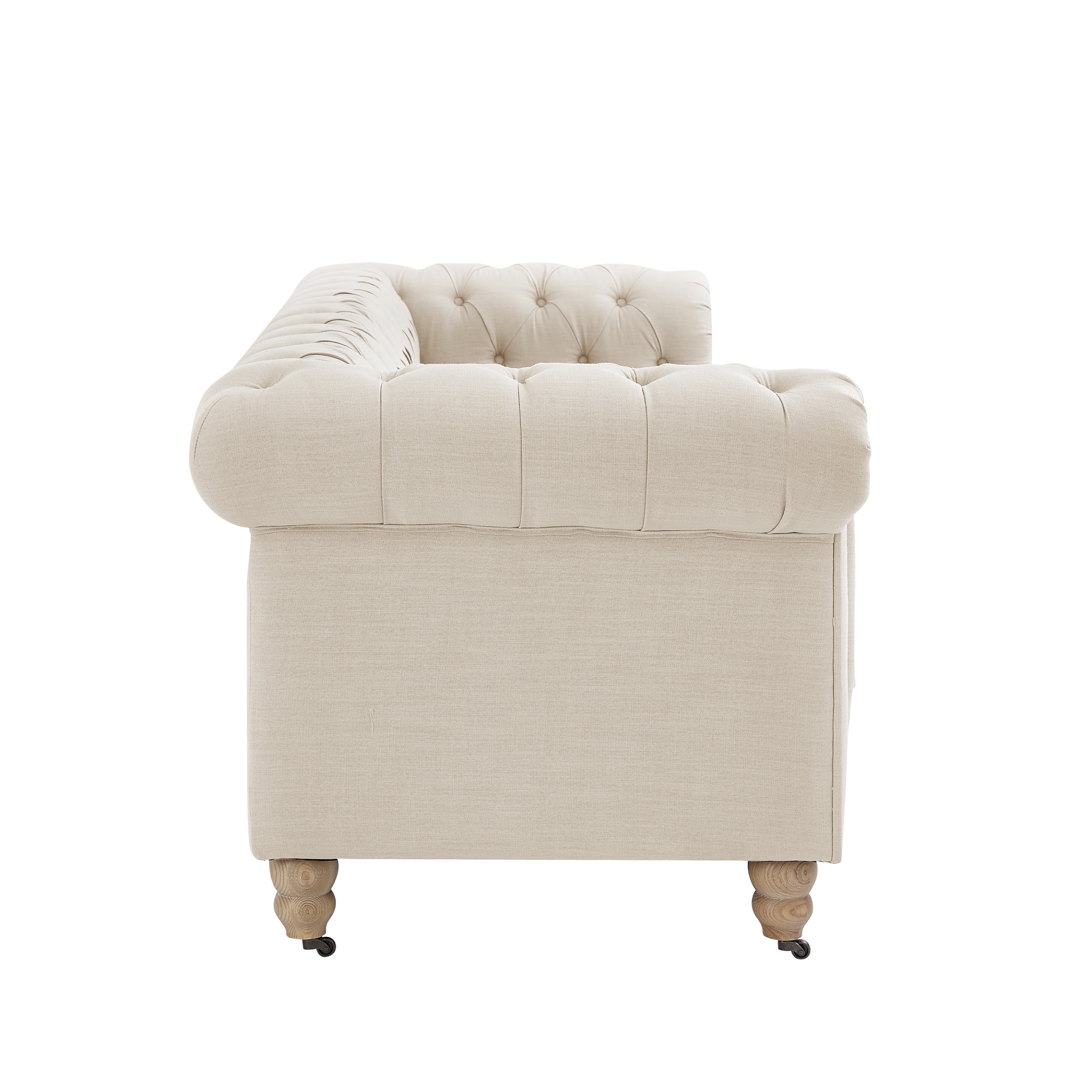 Rustic Manor Macey Chesterfield Sofa Button Tufted Rolled Arm, Sinuous Springs Round Bun Leg with Caster, Removable Seat Cushion