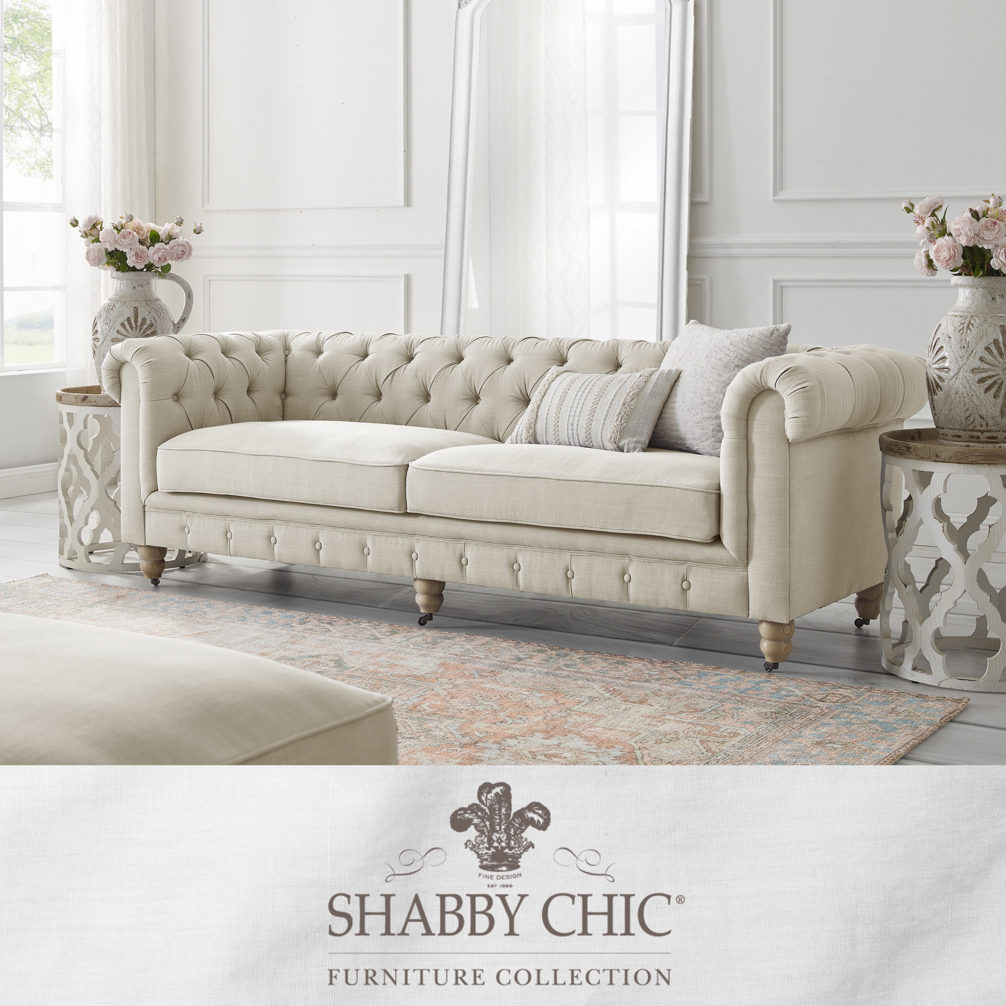 Shabby Chic Macey Chesterfield Sofa Button Tufted Rolled Arm, Sinuous Springs Round Bun Leg with Caster, Removable Seat Cushion