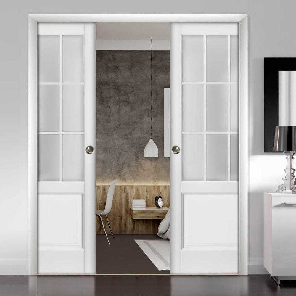 SARTODOORS Sliding French Double Pocket Doors 48 x 80 inches Frosted Glass 9 Lites| Felicia 3309 Matte White | Rail Hardware | Wood Door
