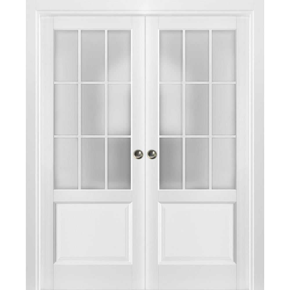 SARTODOORS Sliding French Double Pocket Doors 56 x 80 inches Frosted Glass 9 Lites| Felicia 3309 Matte White | Rail Hardware | Wood Door