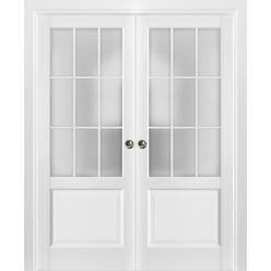 SARTODOORS Sliding French Double Pocket Doors 72 x 80 inches Frosted Glass 9 Lites| Felicia 3309 Matte White | Rail Hardware | Wood Door