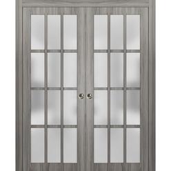 SARTODOORS Sliding French Double Pocket Doors 64 x 84 inches Frosted Glass | Felicia 3312 Ginger Ash Gray | Rail Hardware | Wood Door