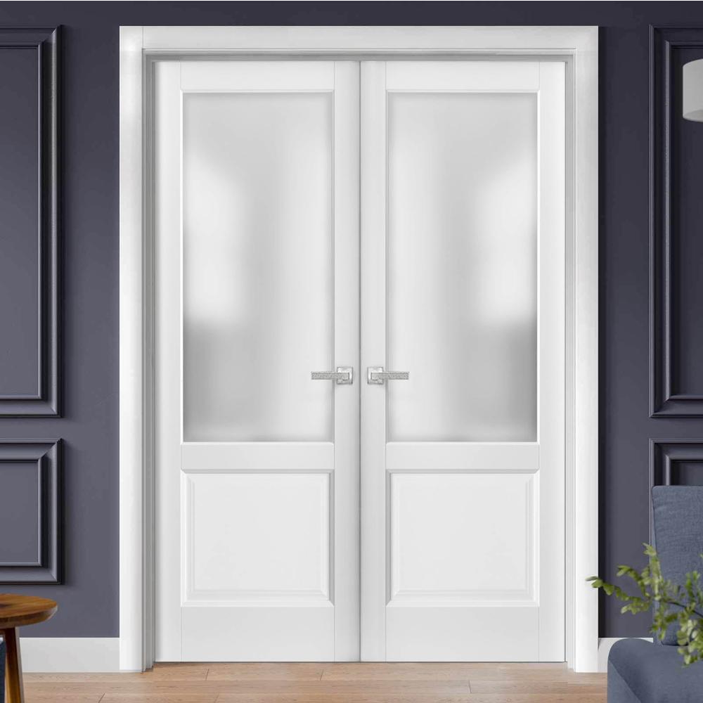 SARTODOORS French Double Panel Lite Doors 48 x 84 with Hardware | Lucia 22 Matte White with Glass | Pre-hung Panel Frame | Door