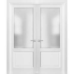SARTODOORS French Double Panel Lite Doors 48 x 84 with Hardware | Lucia 22 Matte White with Glass | Pre-hung Panel Frame | Door