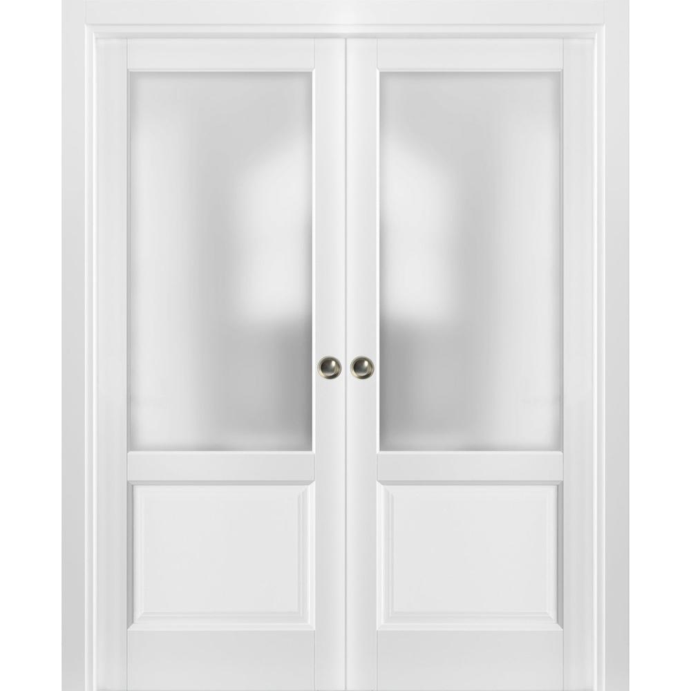 SARTODOORS French Double Pocket Doors 84 x 84 with Frames | Lucia 22 Matte White with Glass | Rail Hardware | Wood Pantry Sliding Closet