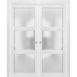 SARTODOORS French Double Doors 48 x 80 inches Frosted Glass 3 Lites | Lucia 2552 Matte White | Wood Panel Frame | Doors 