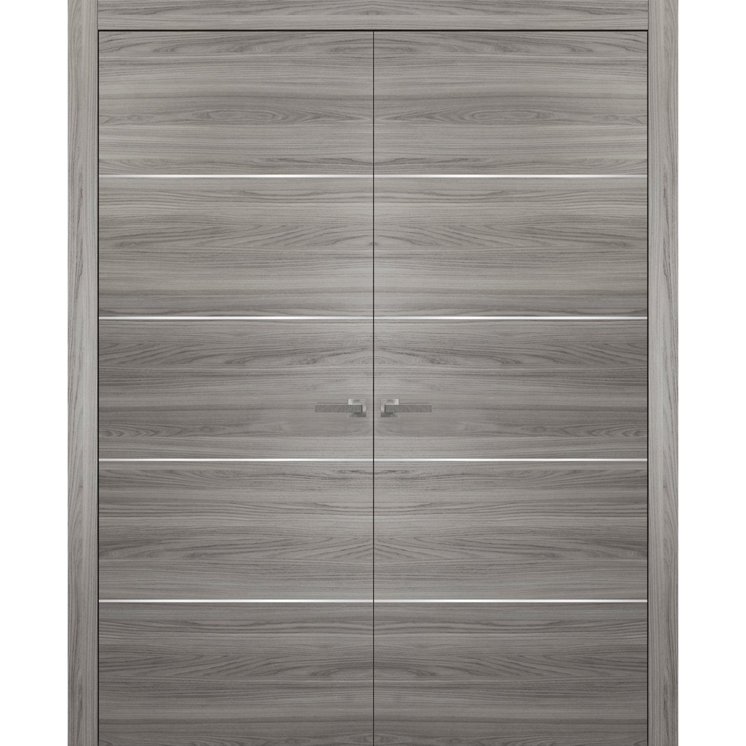 SARTODOORS Grey French Doors 56 x 96 with | Planum 0020 Ginger Ash | Frame Lever Satin Nickel Hardware | Wood Pre-hung Door