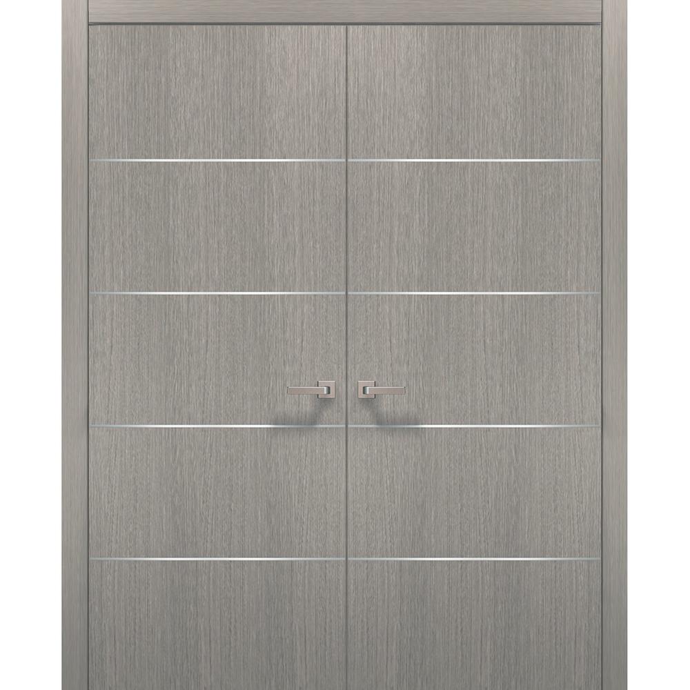 SARTODOORS French Double Doors 36 x 96 with Hardware | Planum 0020 Grey Oak | Pre-hung Panel Frame | Door