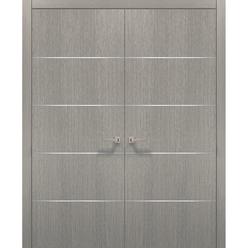 SARTODOORS French Double Doors 72 x 96 with Hardware | Planum 0020 Grey Oak | Pre-hung Panel Frame | Door