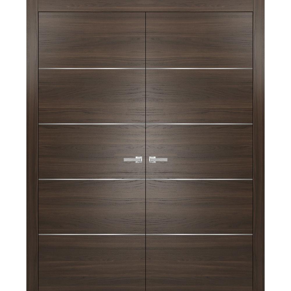 SARTODOORS Brown French Doors 84 x 96 with | Planum 0020 Chocolate Ash | Frame Lever Satin Nickel Hardware | Wood Pre-hung Door