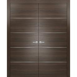 SARTODOORS Brown French Doors 84 x 96 with | Planum 0020 Chocolate Ash | Frame Lever Satin Nickel Hardware | Wood Pre-hung Door