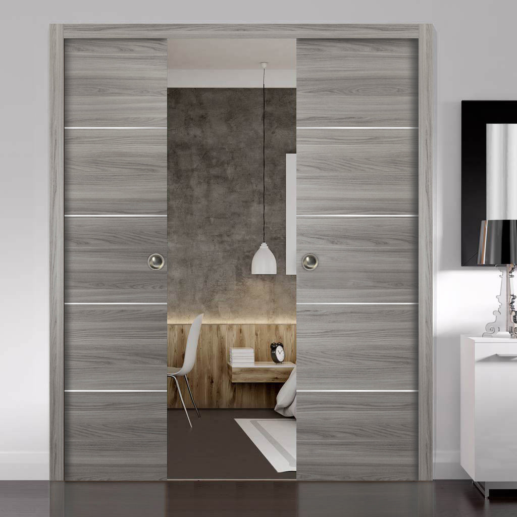 SARTODOORS Double Pocket Sliding Grey Doors 56 x 80 with Strips | Planum 0020 Ginger Ash | Frames Pulls Hardware |Wood Door