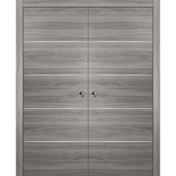 SARTODOORS Double Pocket Sliding Grey Doors 56 x 80 with Strips | Planum 0020 Ginger Ash | Frames Pulls Hardware |Wood Door