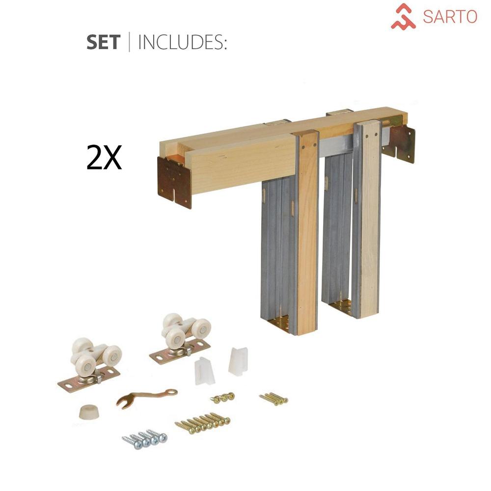 SARTODOORS Double Pocket Doors 56 x 80 with Frames | Planum 0020 Grey Oak | Rail Hardware | Wood Sliding Closet