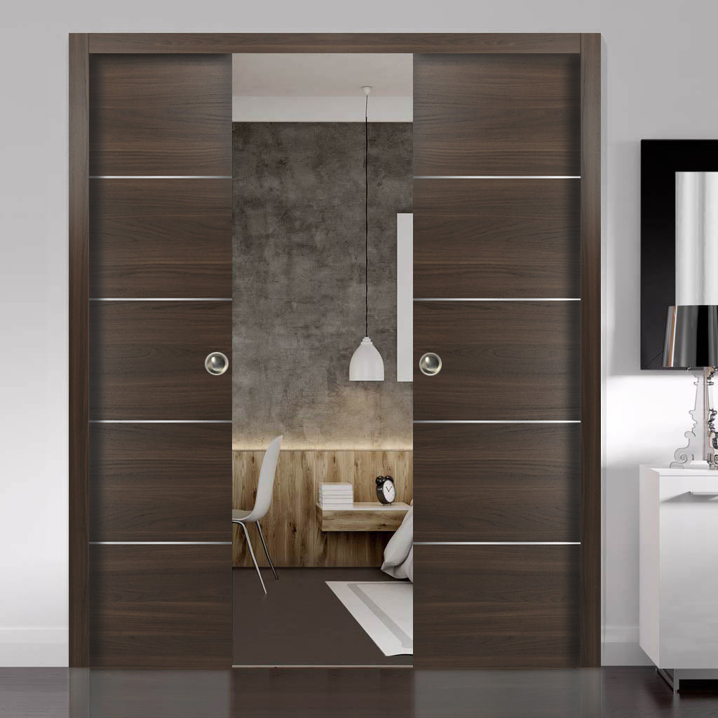 SARTODOORS Double Pocket Sliding Brown Doors 60 x 80 with Strips | Planum 0020 Chocolate Ash | Frames Pulls Hardware |Wood Door