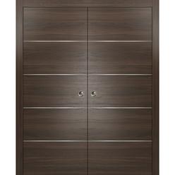 SARTODOORS Double Pocket Sliding Brown Doors 84 x 96 with Strips | Planum 0020 Chocolate Ash | Frames Pulls Hardware |Wood Door