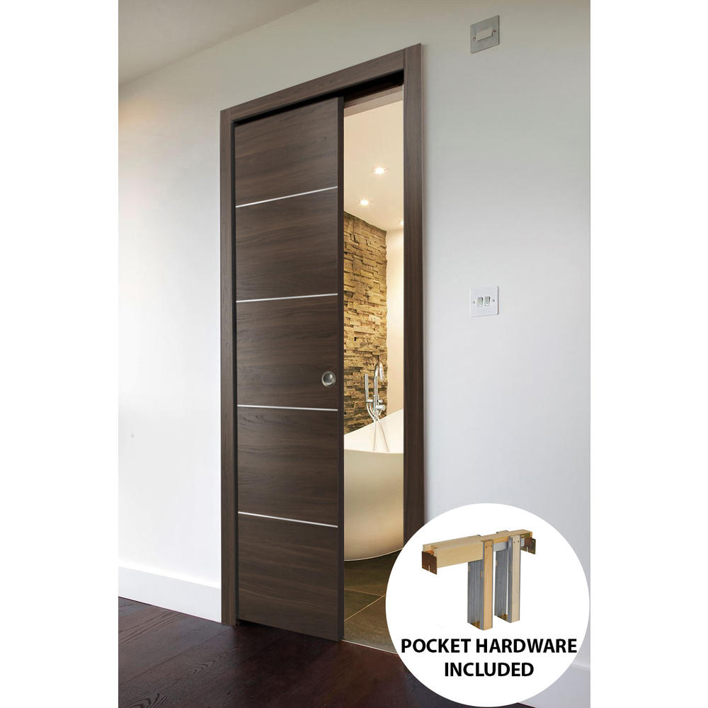 SARTODOORS Pocket Sliding Brown Door 42 x 96 with Frame | Planum 0020 Chocolate Ash | Frames Pulls Hardware | Wood Door