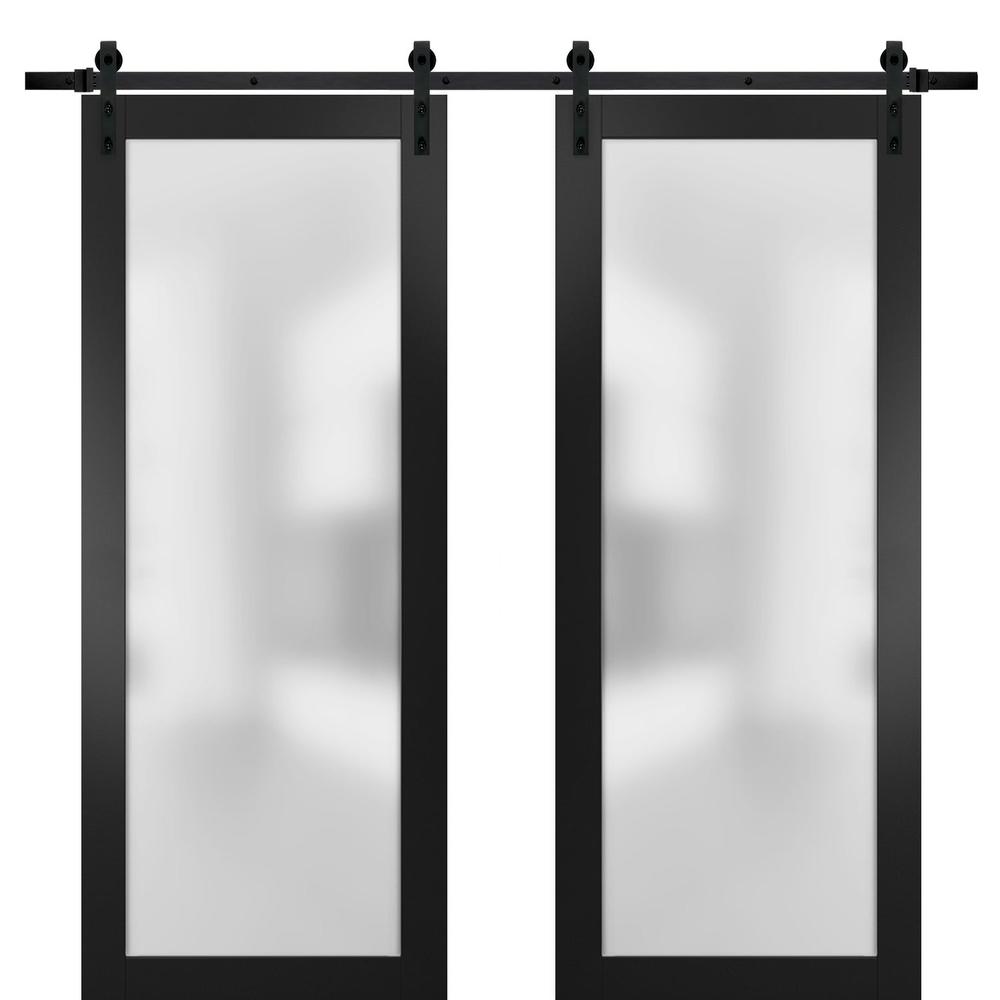 SARTODOORS Double Barn Door 72 x 80 inches with Glass | Planum 2102 Black Matte | 13FT Rail | Panel Doors