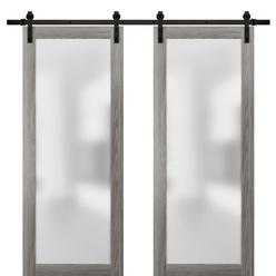 SARTODOORS Sliding Double Barn Glass Doors 56 x 84 | Planum 2102 Ginger Ash | 13FT Rails Stops Hardware | Wood Doors