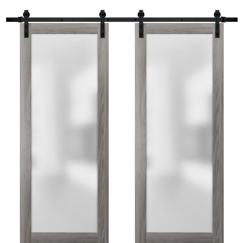 SARTODOORS Sliding Double Barn Glass Doors 84 x 84 | Planum 2102 Ginger Ash | 14FT Rails Stops Hardware | Wood Doors