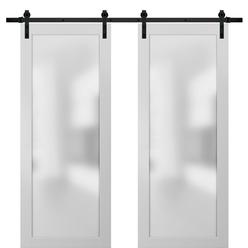 SARTODOORS Sliding Lite Double Barn Frosted Glass Doors 84 x 96 | Planum 2102 White Silk | 14FT Rails Stops Hardware | Wood Doors