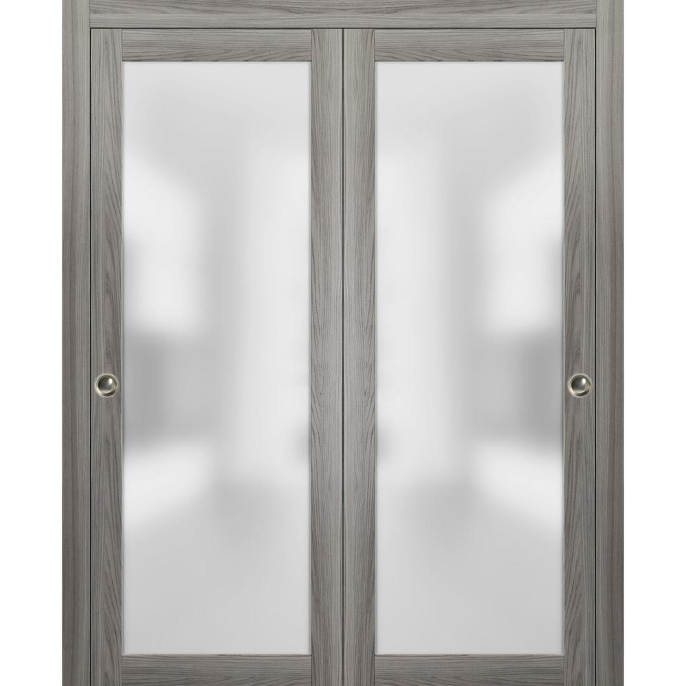 SARTODOORS Bypass Closet Sliding Glass Doors 48 x 96 | Planum 2102 Ginger Ash | Rails Pulls Hardware | Wood Doors Frosted Glass
