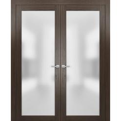 SARTODOORS French Lite Frosted Glass Doors 48 x 84 | Planum 2102 Chocolate Ash | Frames Satin Nickel Hardware | Hall Panels