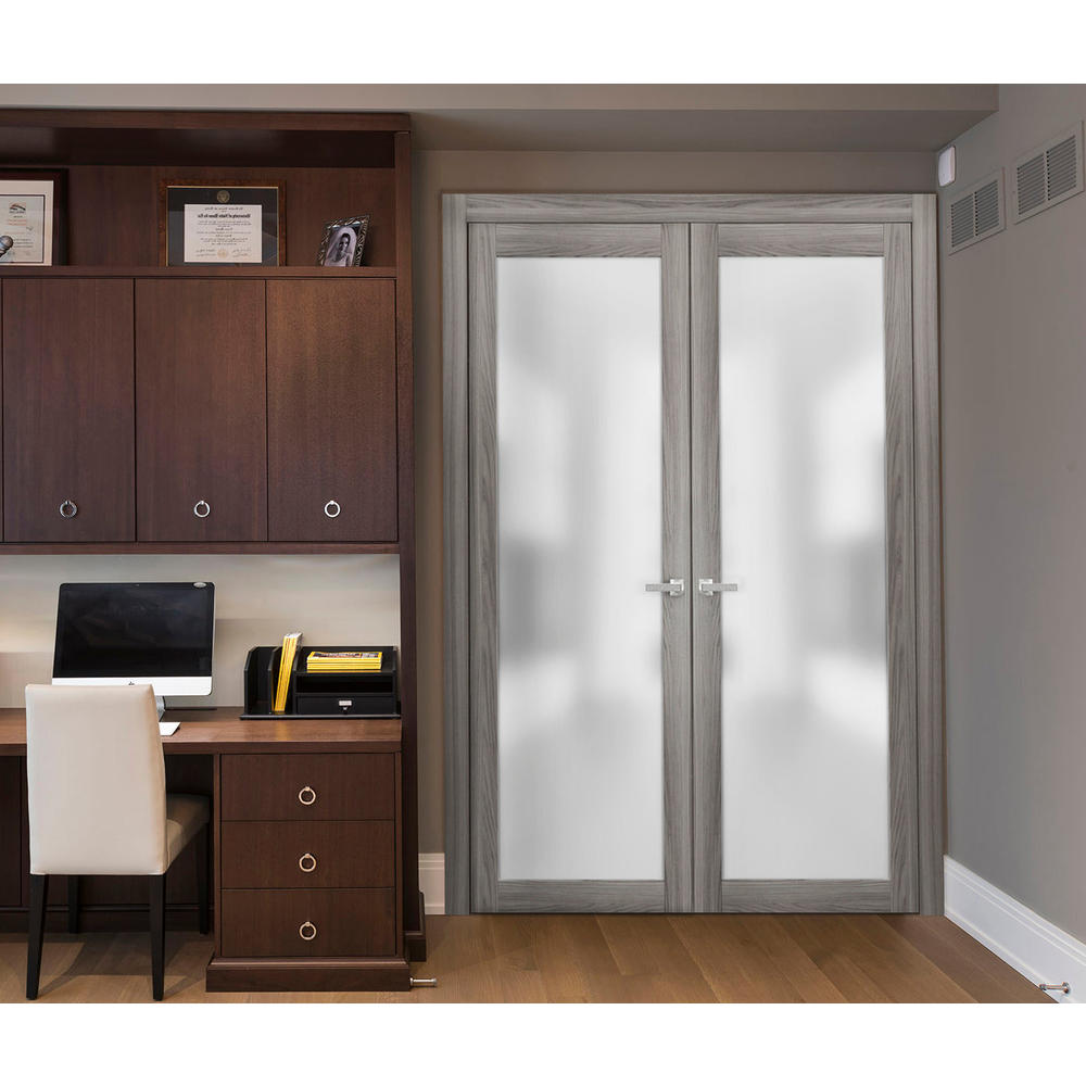 SARTODOORS French Frosted Glass Glass Doors 48 x 84 | Planum 2102 Ginger Ash | Frames Satin Nickel Hardware | Pre-hung Pine Doors 