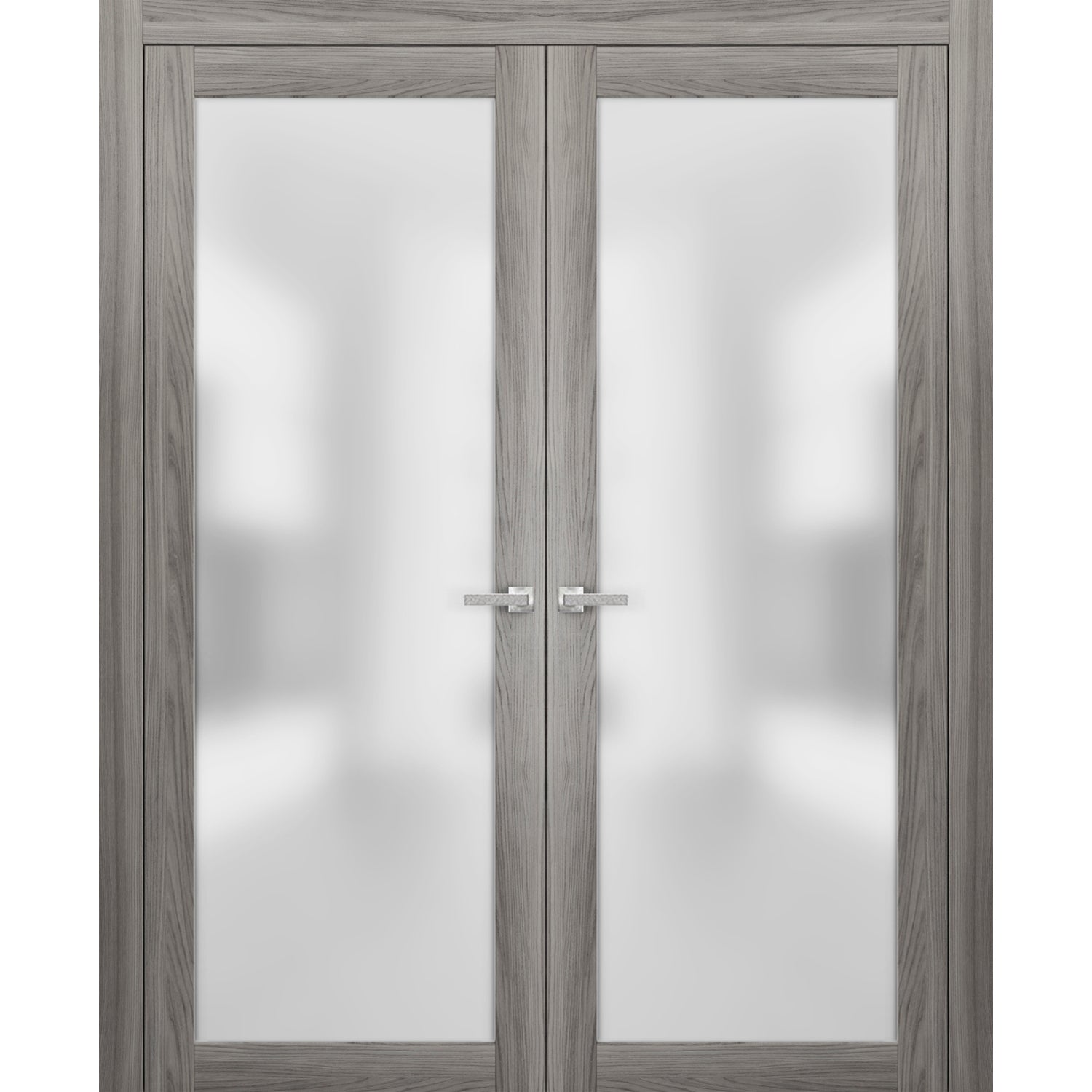 SARTODOORS French Frosted Glass Glass Doors 48 x 84 | Planum 2102 Ginger Ash | Frames Satin Nickel Hardware | Pre-hung Pine Doors 
