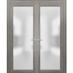 SARTODOORS French Frosted Glass Glass Doors 56 x 96 | Planum 2102 Ginger Ash | Frames Satin Nickel Hardware | Pre-hung Pine Doors 