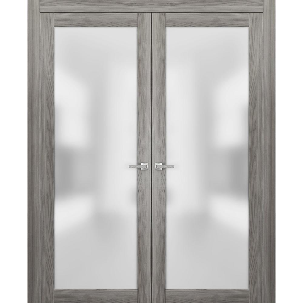 SARTODOORS French Frosted Glass Glass Doors 72 x 96 | Planum 2102 Ginger Ash | Frames Satin Nickel Hardware | Pre-hung Pine Doors 