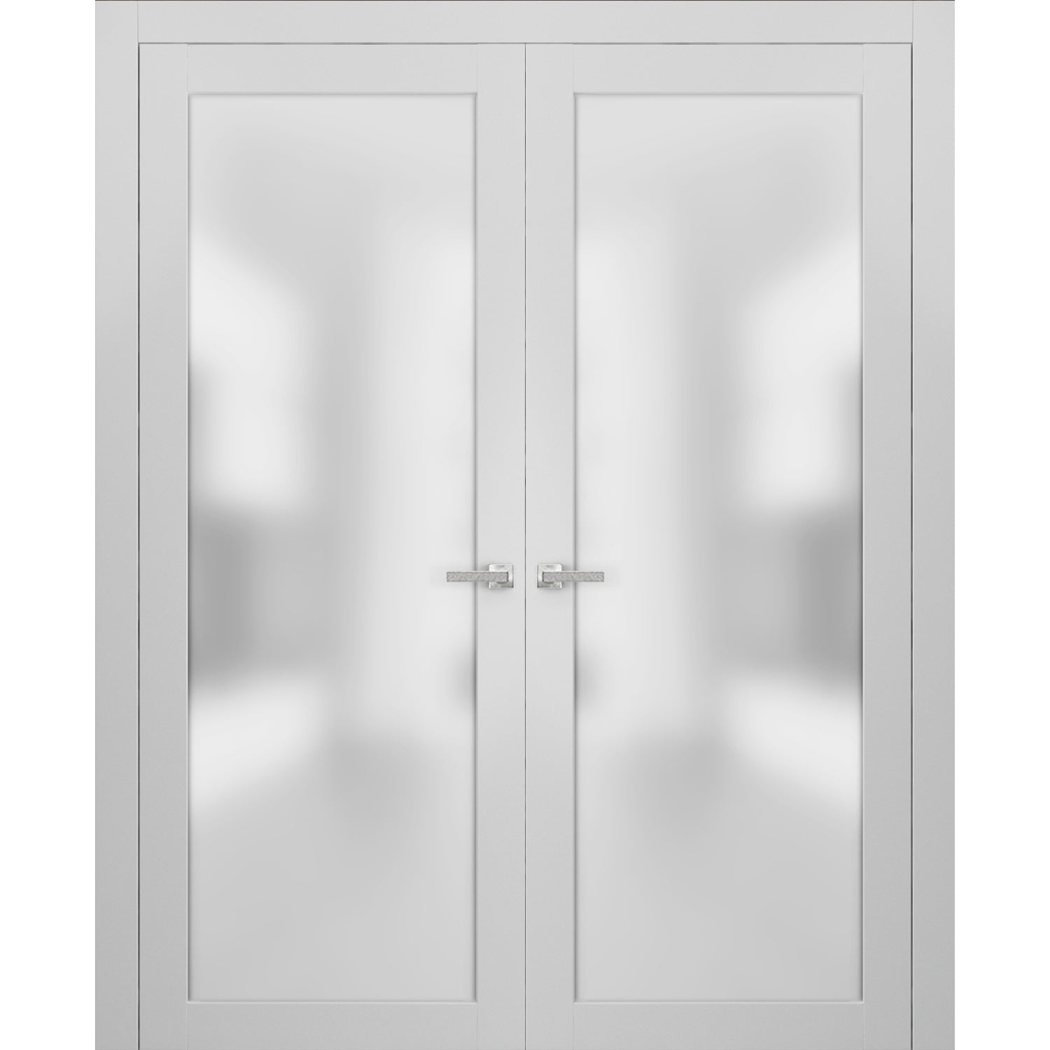 SARTODOORS French Double Frosted Glass Doors 48 x 84 | Planum 2102 White Silk | Frames Satin Nickel Hardware | Wooded Panels with Inserts 