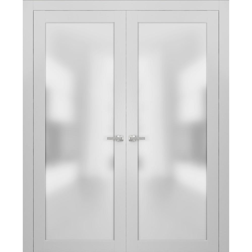 SARTODOORS French Double Frosted Glass Doors 60 x 80 | Planum 2102 White Silk | Frames Satin Nickel Hardware | Wooded Panels with Inserts 