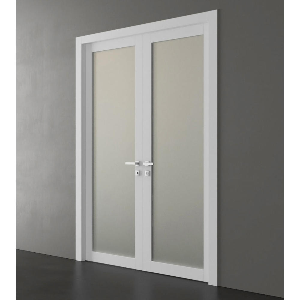 SARTODOORS French Double Frosted Glass Doors 60 x 84 | Planum 2102 White Silk | Frames Satin Nickel Hardware | Wooded Panels with Inserts 