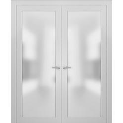 SARTODOORS French Double Frosted Glass Doors 60 x 96 | Planum 2102 White Silk | Frames Satin Nickel Hardware | Wooded Panels with Inserts 