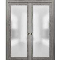SARTODOORS Double Pocket Glass Doors 84 x 84 | Planum 2102 Ginger Ash | Pocket Frame Rail Hardware | Wood Sliding  Doors Frosted Glass |