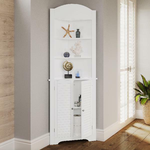 Riverridge Home Tall Corner Cabinet Bathroom Storage Home Kitchen Organizer Corner Space White