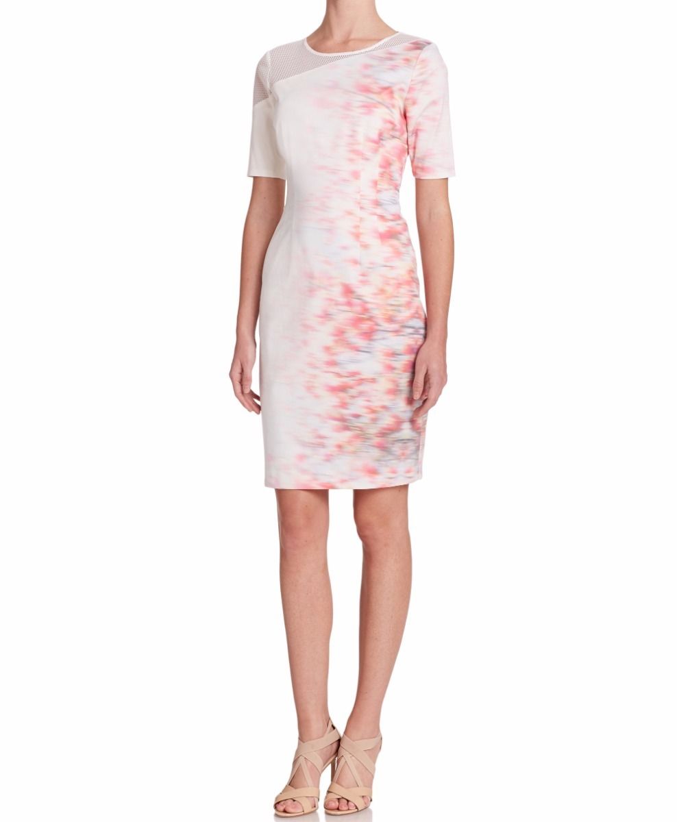 Tahari ELIE TAHARI Women's Emory White Pink Cotton Blend Short Sleeve  Sheath Dress