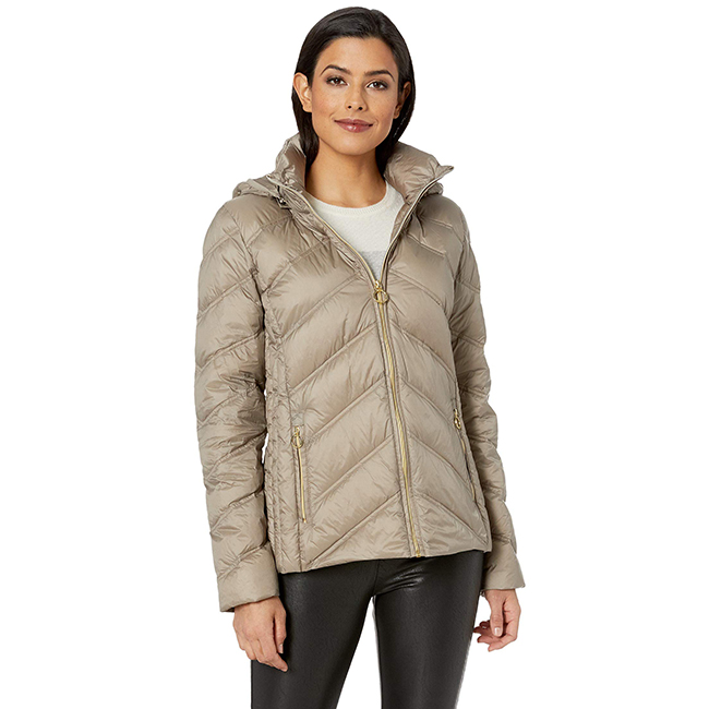 Michael Michael Kors Taupe Chevron Packable Down Coat with Hood