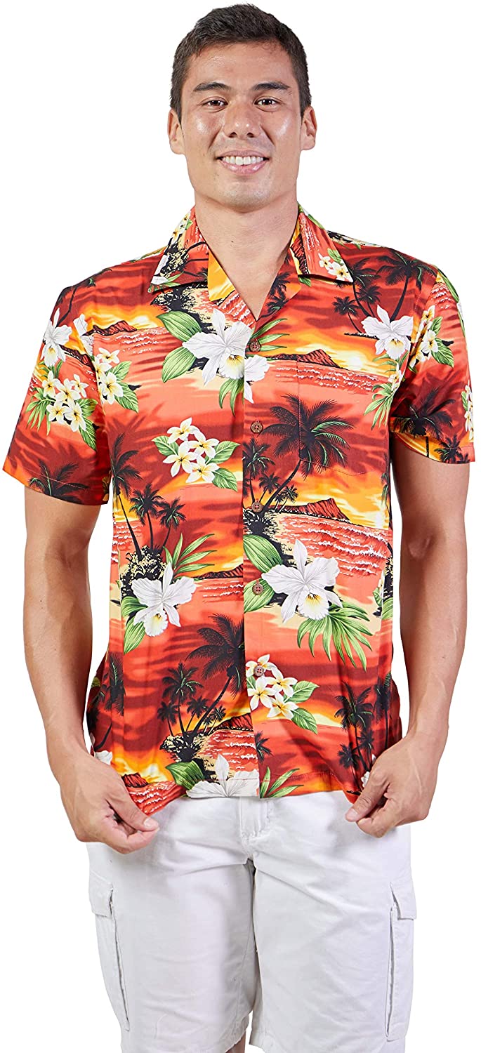 Favant Tropical Luau Beach Floral Sunset Print Men’s Hawaiian Aloha Shirt