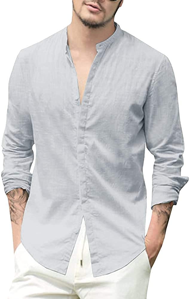 JEKAOYI Mens Long Sleeve Casual Buttons Down Shirt Plain Linen Summer ...
