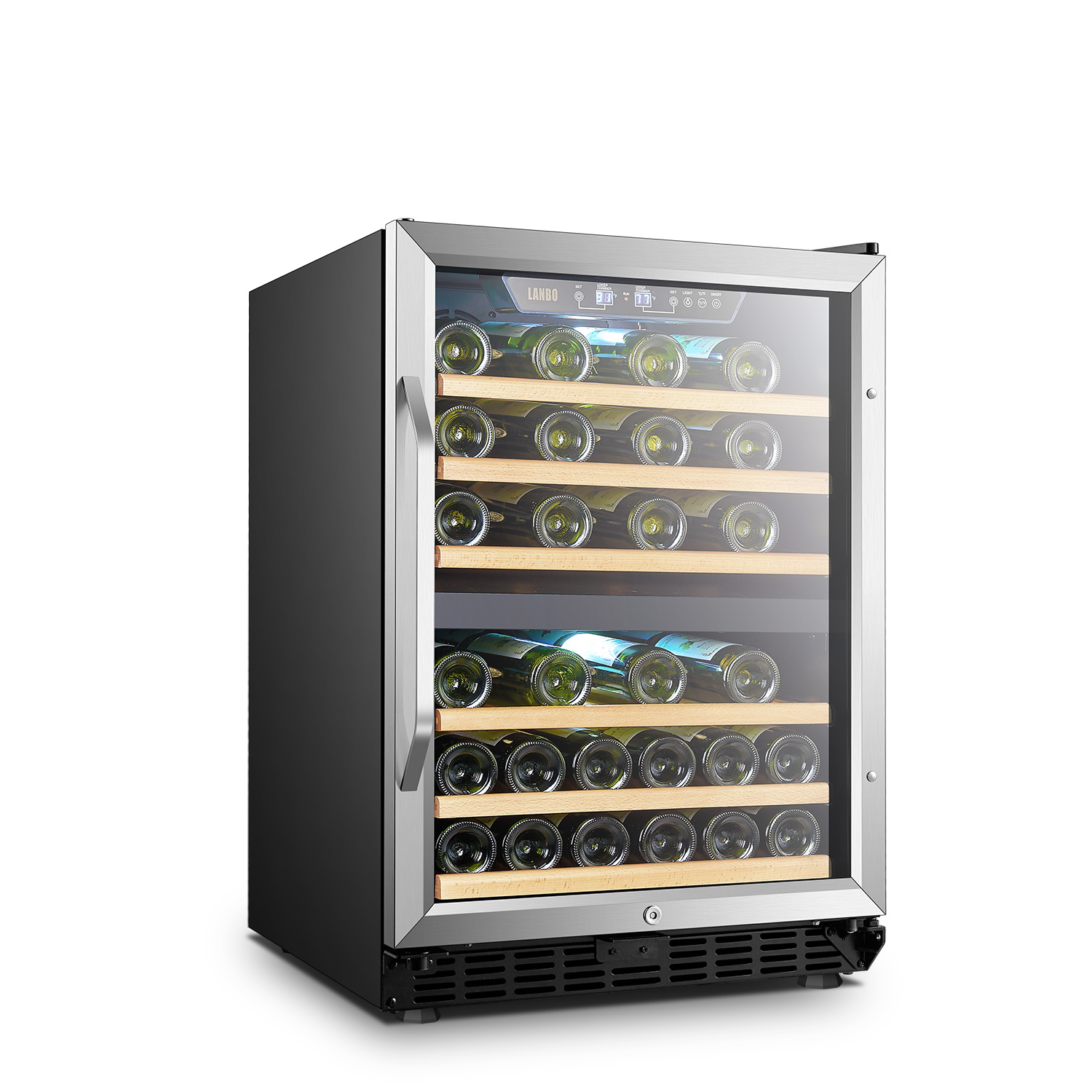 Lanbo Dual Zone Wine Refrigerator, 44 Bottle Built-in Compressor Wine Cooler, Black Cabinet with Stainless Steel Trim
