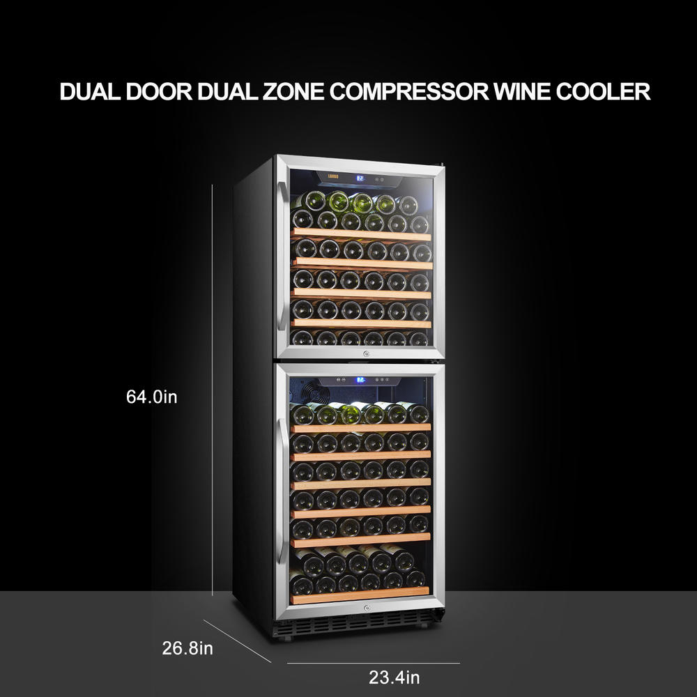 Lanbo Wine Cooler, 130 Bottle Built-in or Freestanding Compressor Wine Cellar Fridge, 24 Inch Dual Zone Dual Door